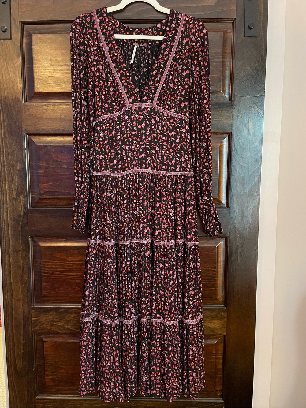 Free People Take A Little Time Black Floral Long-Sleeve Tiered Midi Dress